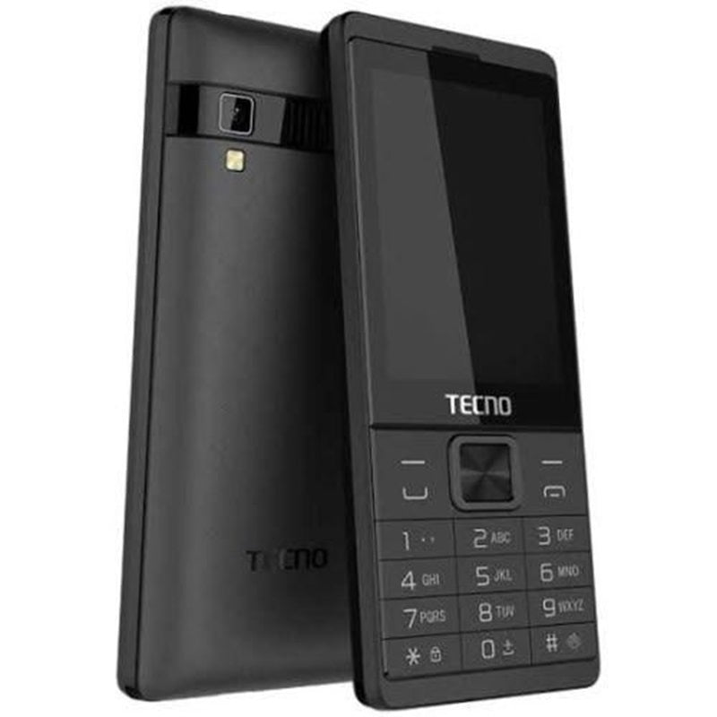 A black TECNO T529 feature phone displaying the front view with the screen off and the back view showing the camera and the flashlight.